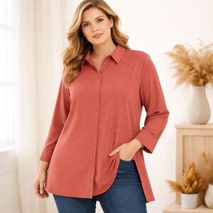 AVENUE Button-Up Shirt Stretch Tunic Long Sleeve Dusty Rust Terracotta 18/20 NWT